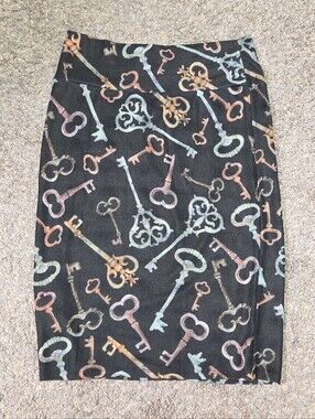 Lularoe Cassie Black Vintage Key-Print Pencil Skirt - Multicolor Keys Large